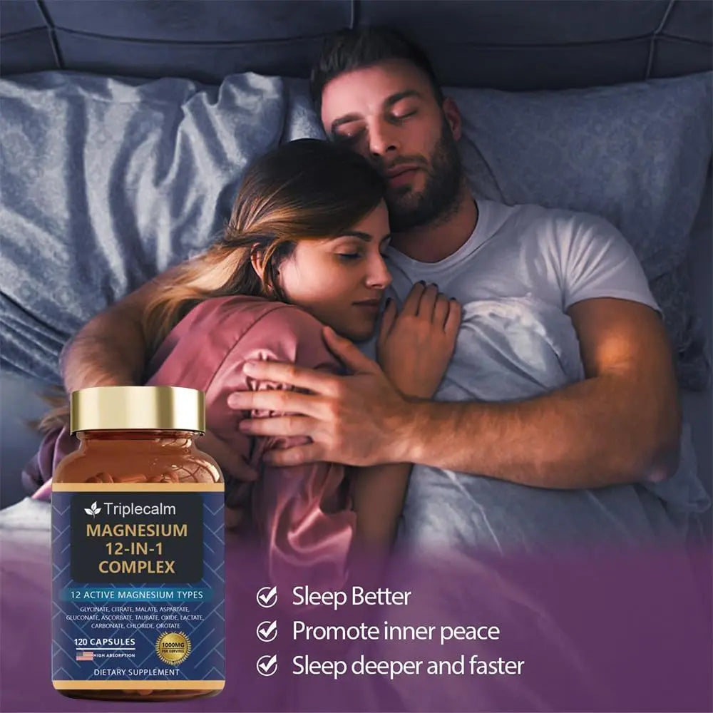 Magnesium Complex 12 in 1 Supplement - 12 Elemental 1000mg - Magnesium Glycinate, Citrate, Malate, Taurate - High Absorption,for Muscle, Nerve & Sleep Support - 120 Capsules Triplecalmnz supplements