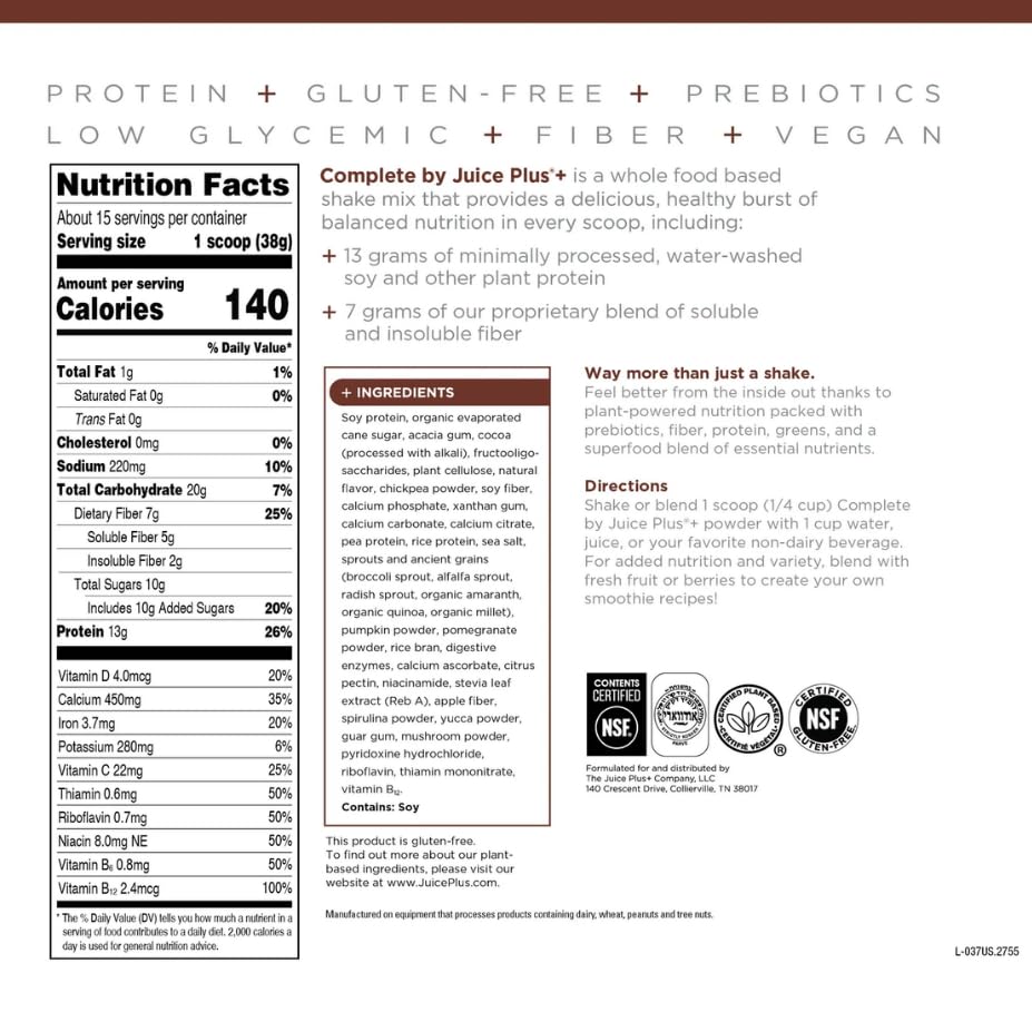 Complete by JuicePlus+ Dutch Chocolate Shakes - Plant-Based Nutrition - Whole Food Based Shake Powder with Protein, Fiber & Prebiotics - 30 Servings (2 Pouches, 15 Servings Each) Juice Plus+Au supplements