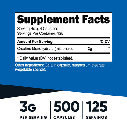 Nutricost Micronized Creatine Monohydrate 3,000mg 500 Capsules, 125 Servings NutricostUS supplements
