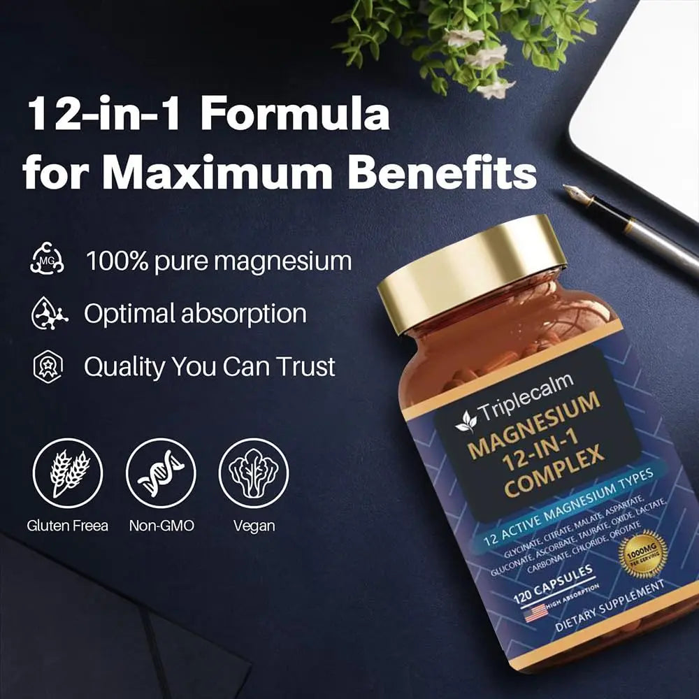 Magnesium Complex 12 in 1 Supplement - 12 Elemental 1000mg - Magnesium Glycinate, Citrate, Malate, Taurate - High Absorption,for Muscle, Nerve & Sleep Support - 120 Capsules Triplecalmnz supplements
