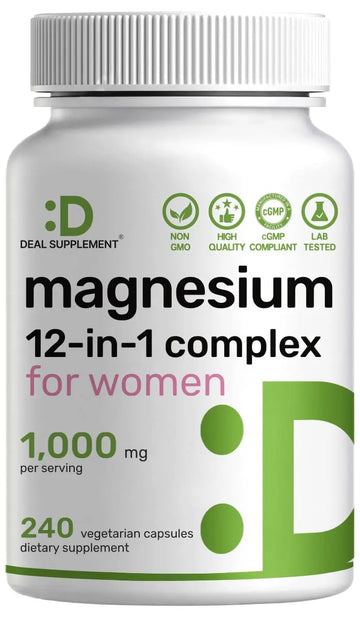 12‑in‑1 Magnesium Complex for Women 1,000 mg, 240 Vegetarian Capsules | Magnesium Glycinate, Citrate, Malate, Taurate, Orotate, Oxide & More | Chelated & Purified for Better Absorption DEAL SUPPLEMENTAu supplements
