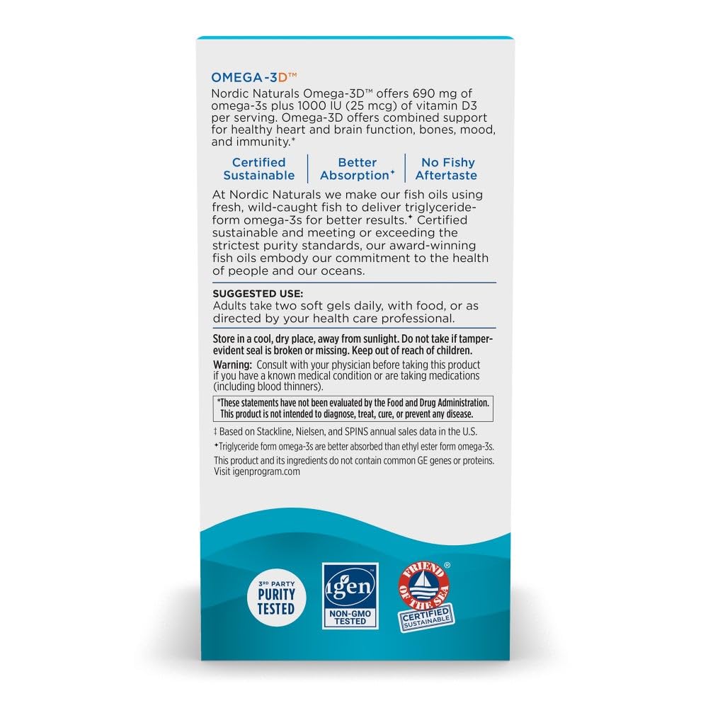 Nordic Naturals Omega-3D, Lemon Flavor - 120 Soft Gels - 690 mg Omega-3 + 1000 IU Vitamin D3 - Fish Oil - EPA & DHA - Immune Support, Brain & Heart Health, Healthy Bones - Non-GMO - 60 Servings Nordic NaturalsAu supplements