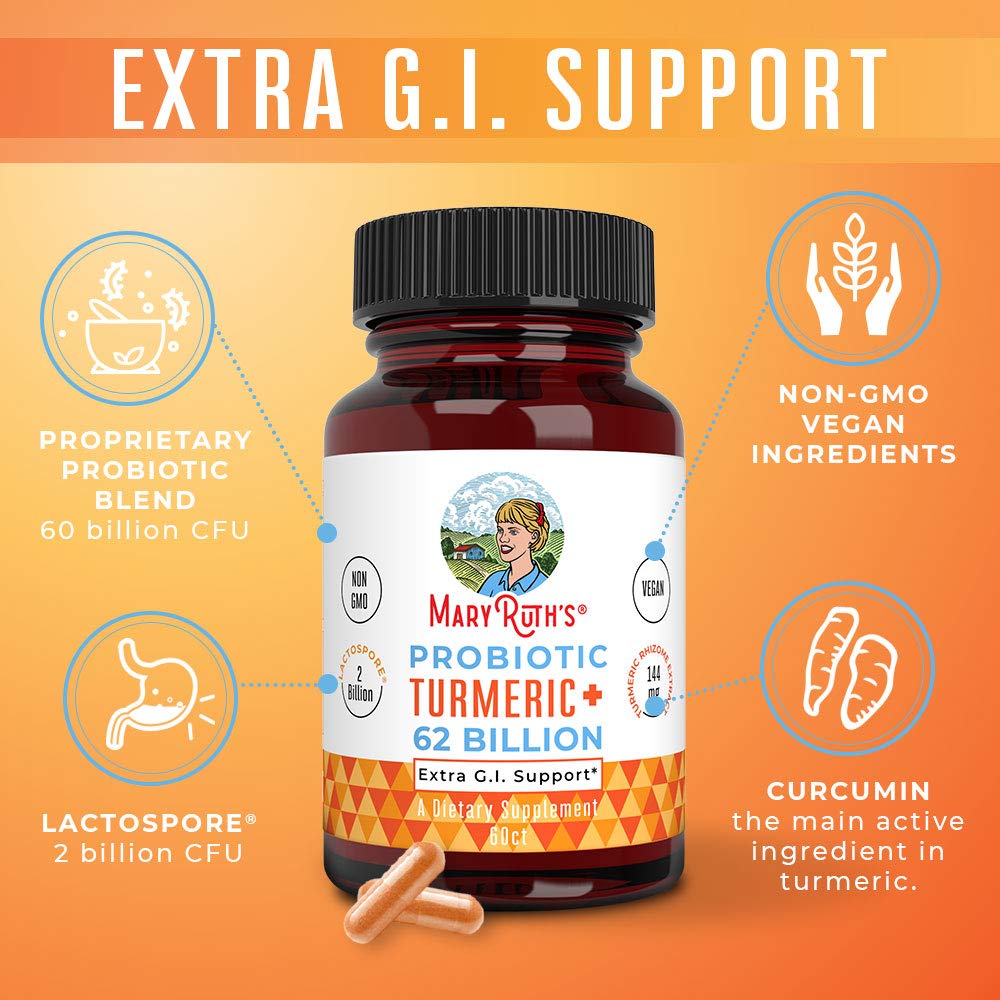 MaryRuth Organics Probiotic Turmeric + Extra GI Support | 62 Billion CFU | Organic Ingredients Turmeric Complex with Probiotics | Turmeric Curcumin Capsules for Digestion | Vegan | 60 Count MARYRUTH'SUS supplements