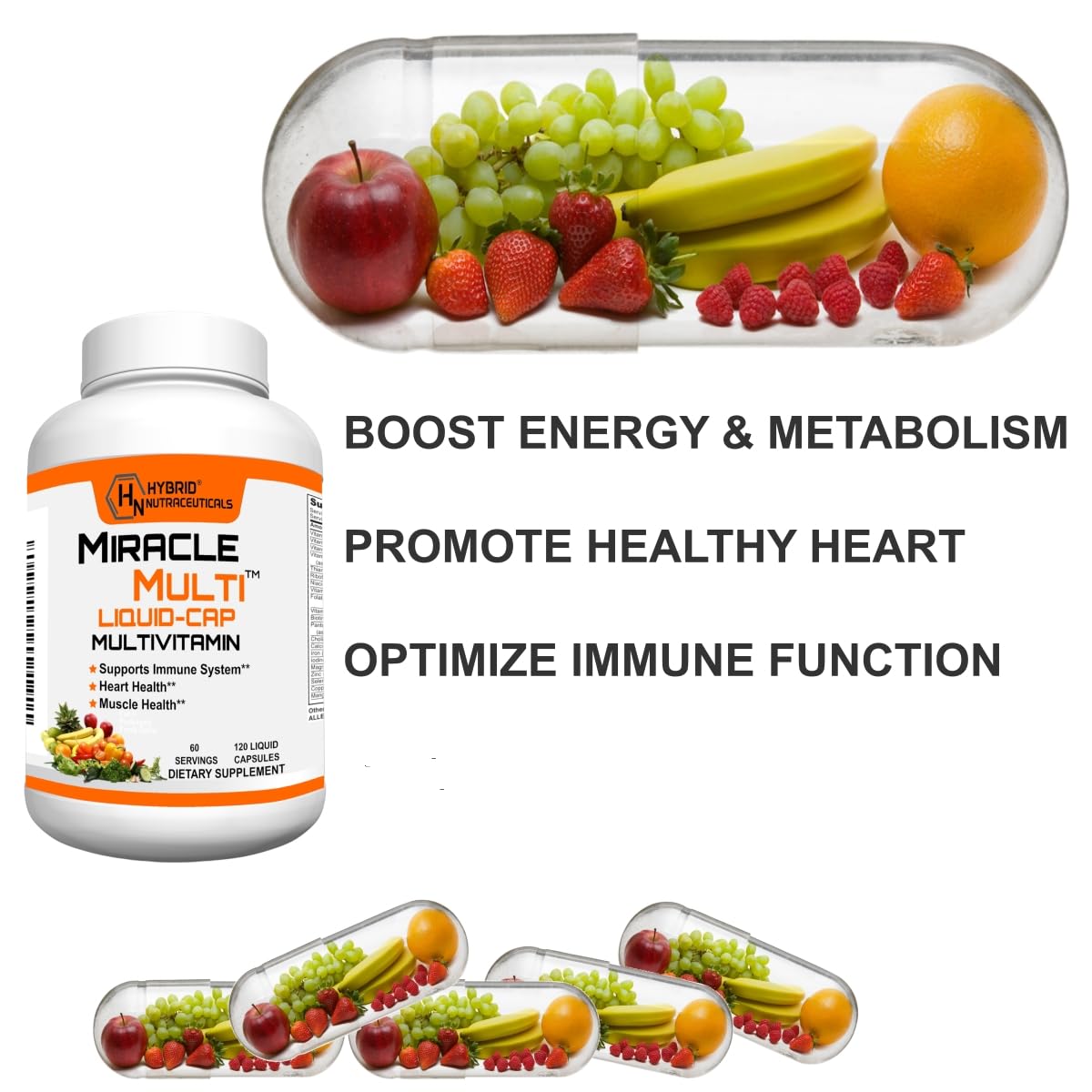 MiracleMulti Liquid Multivitamin Capsules for Men & Women - Complete Whole Food Blend Daily Vitamin & Mineral Supplement with CoQ10, B12, 42 Superfood Enzyme - 120 Softgels Hybrid NutraceuticalsAu supplements
