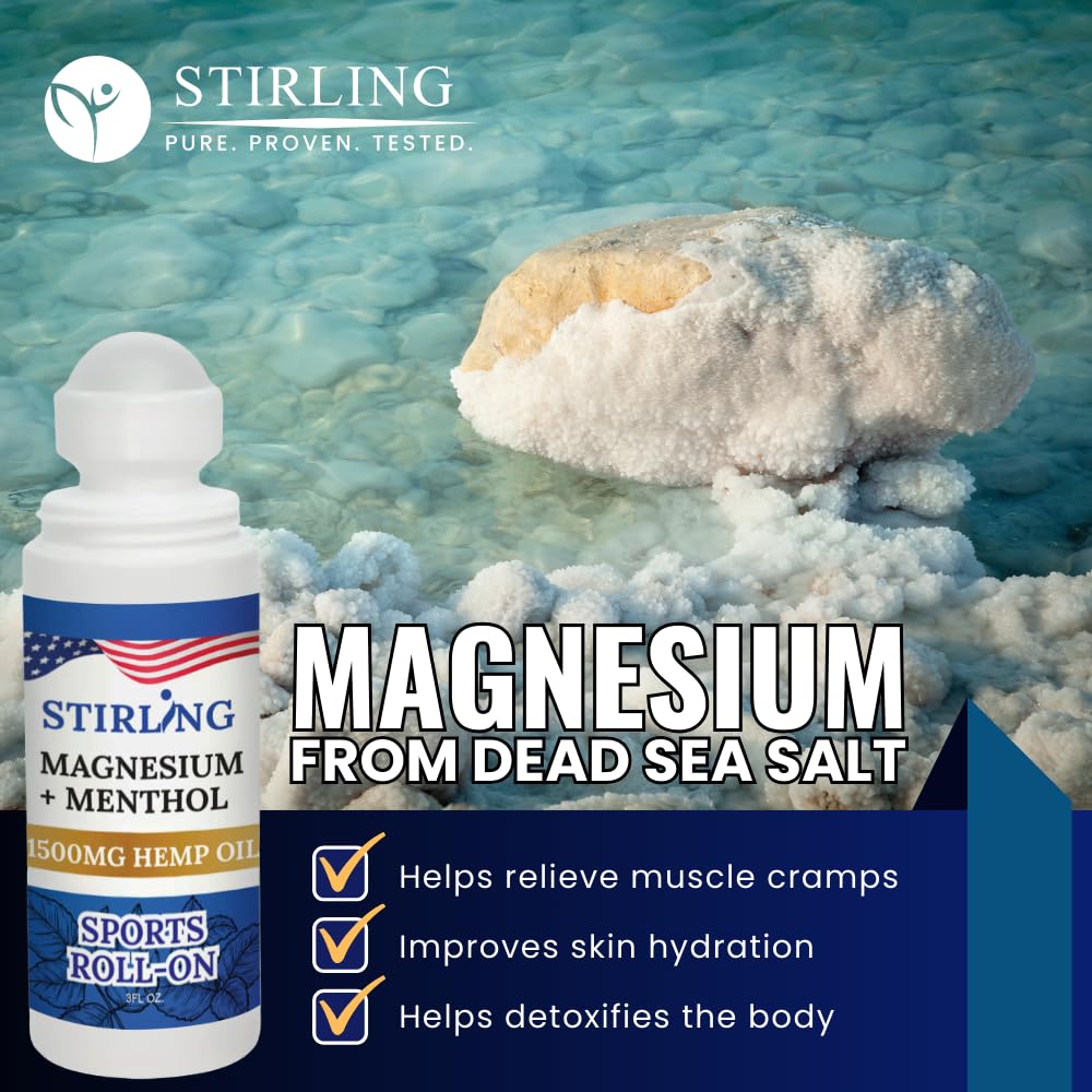 Stirling Menthol Roll On Lotion with Magnesium and 1500mg Pure Hemp - Non-GMO, THC-Free - Fast-Acting Relief for Sore Muscles and Joints, Reduces Swelling and Redness, Promotes Post-Workout Recovery STIRLINGAu supplements