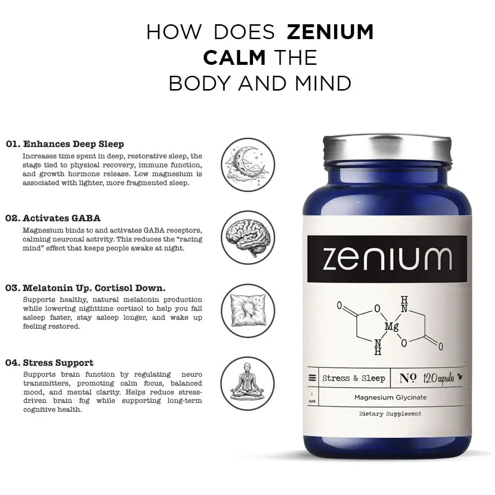 Zenium - Magnesium Glycinate for Sleep, Chelated, 600mg per Serving, 120 Capsules | High Absorption | Relieve Tension, Worry, Nervousness | Calm The Mind & Body | Ayurvedic | Natural Relief Supplement Zeniumnz supplements