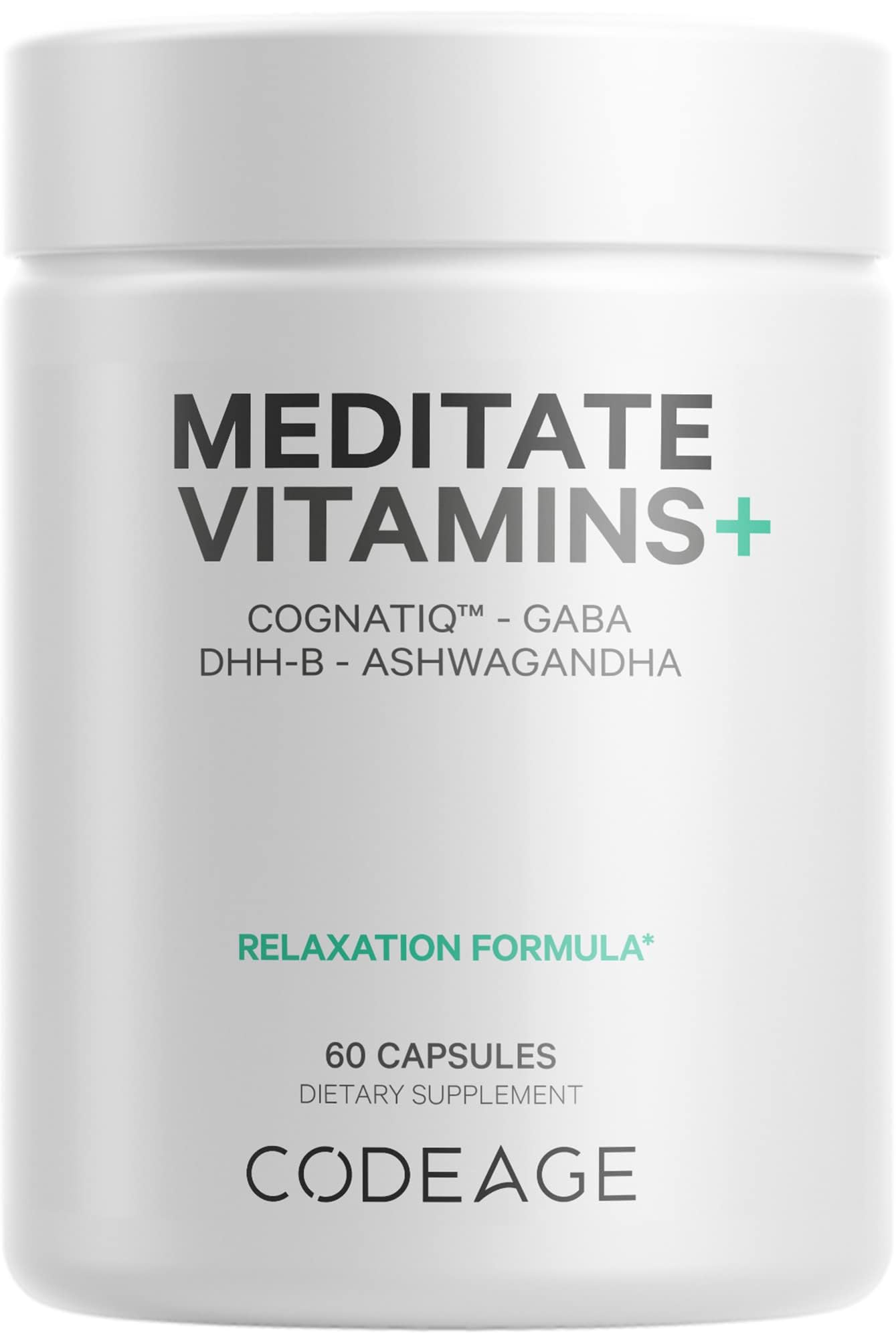 Codeage Meditate Vitamins+ Supplement - CognatiQ, DHH-B, GABA, Ashwagandha, Organic Mushrooms, Blueberries - BDNF Brain Pills and Neuroprotein - Vegan, Non-GMO, Gluten-Free - 60 Capsules CodeageAu supplements