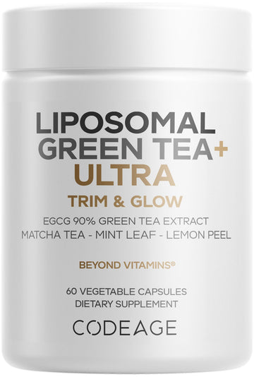 Codeage Liposomal Green Tea+ Ultra Potency - EGCG 90% Green Tea Extract, Organic Matcha Green Powder, Peppermint, Lemon Peel - Vegan, Non-GMO, Gluten-Free - Liposomal Delivery - 60 Capsules CodeageAu supplements