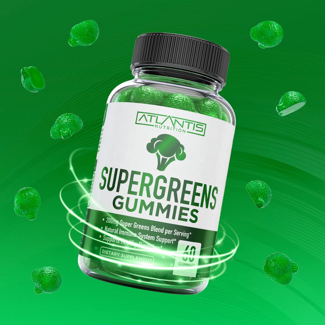 Atlantis Nutrition Supergreens Gummies - Daily Green Superfoods Supplement with Spinach, Broccoli, Moringa, Beet Root, Celery, Green Tea, & Acai for Immunity Support - Natural Raspberry Flavor, 60 cnt Atlantis NutritionAu supplements