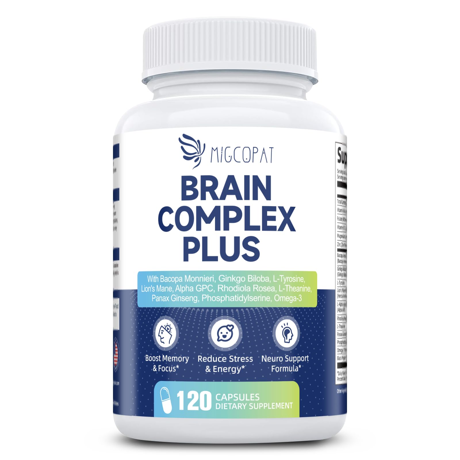 Brain Supplements for Memory & Focus - Nootropic with Bacopa Monnieri, Lion's Mane, Alpha GPC, Phosphatidylserine | Supports Mental Clarity & Cognitive Function | Vitamin B6 & B12-120 Capsules MigcopatAu supplements