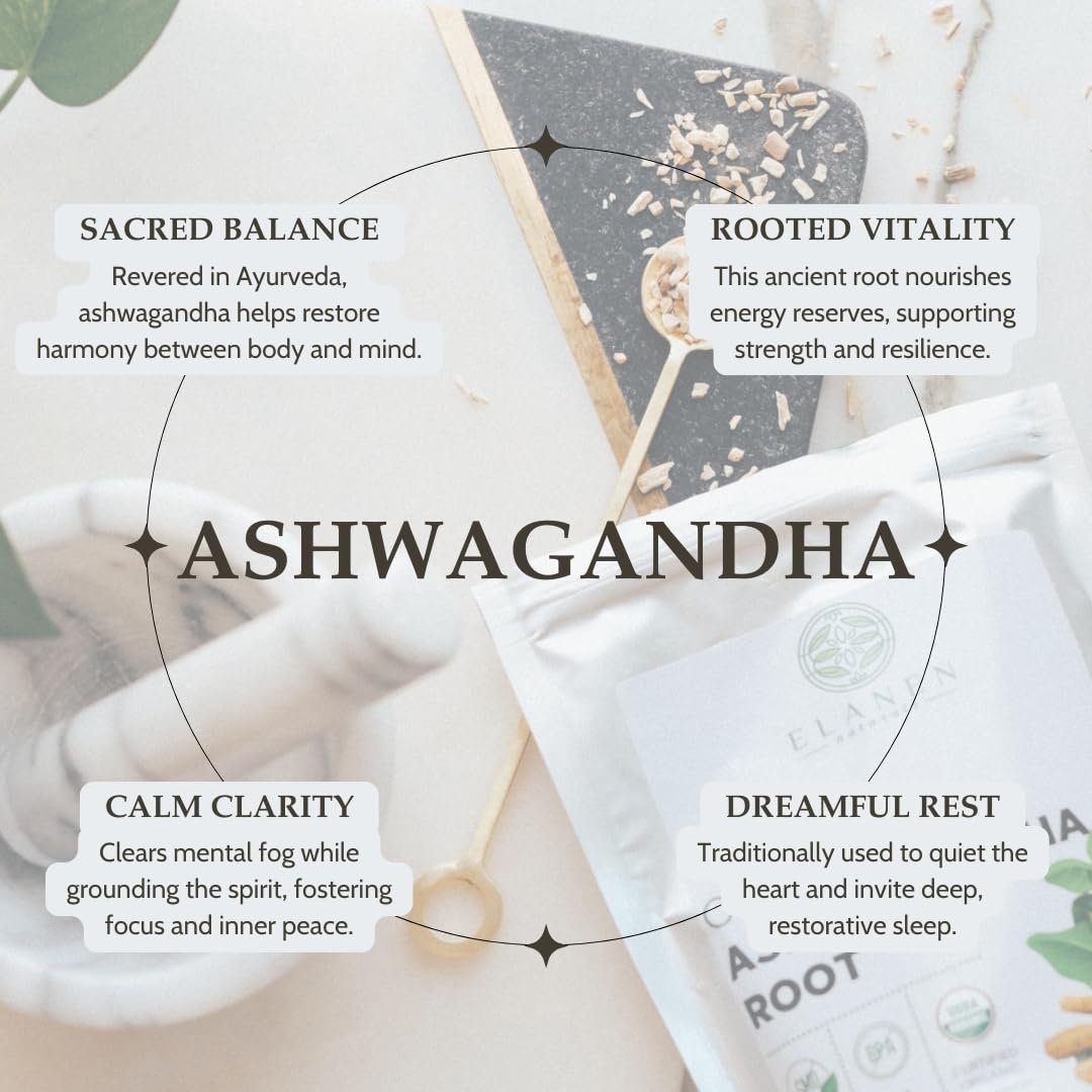 Elanen Naturals Organic Ashwagandha Root 4 oz. (113g), USDA Certified Organic Ashwagandha Root Loose Leaf Tea, Dried Withania somnifera, Cut & Sifted Elanen NaturalsAu supplements