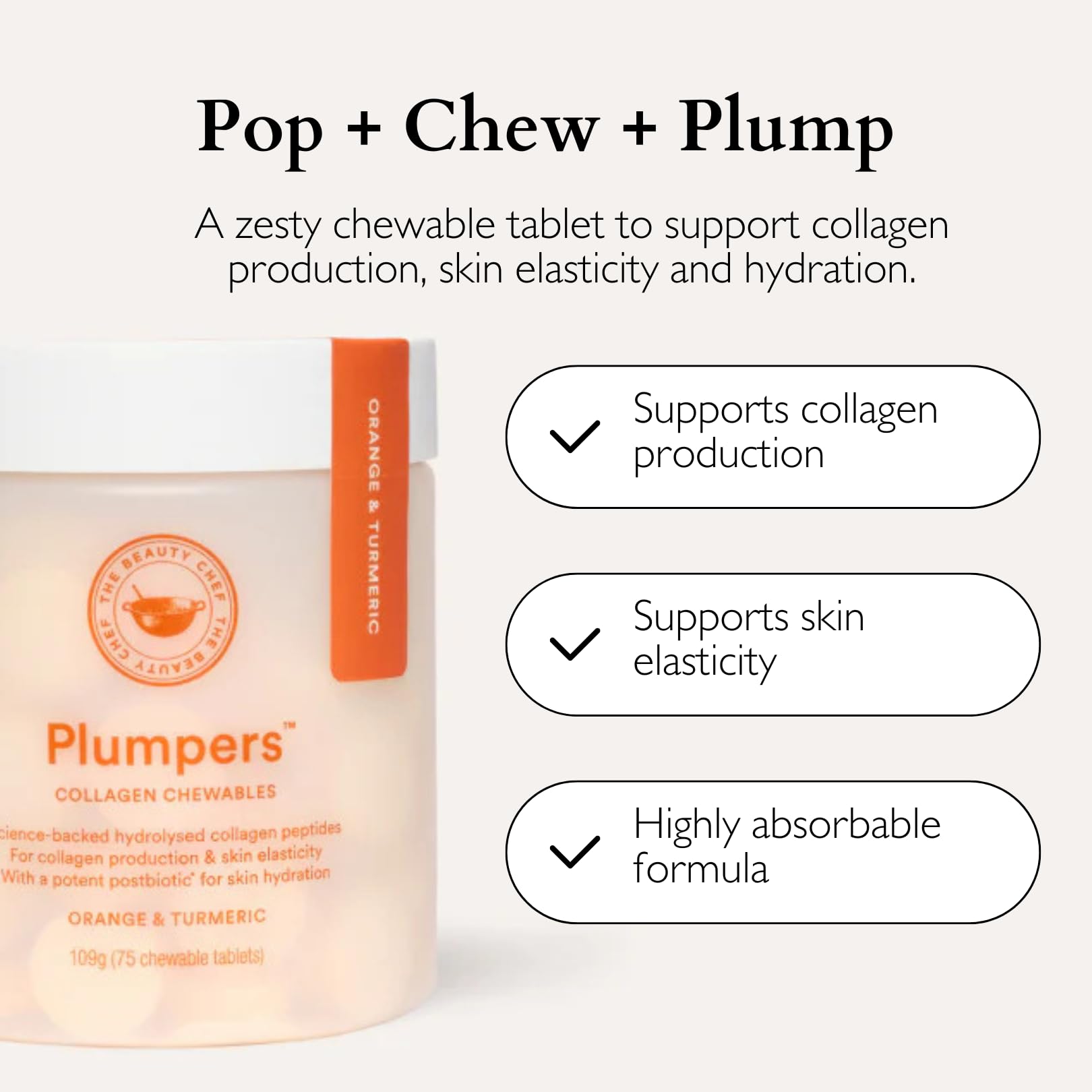 The Beauty Chef Plumpers™ Collagen Chewable Tablets with Hyaluronic Acid & Postbiotic, Supports Skin Elasticity & Collagen, Women's Multivitamin, Collagen Peptides, 75 Tablets (Orange & Turmeric) The Beauty ChefAu supplements