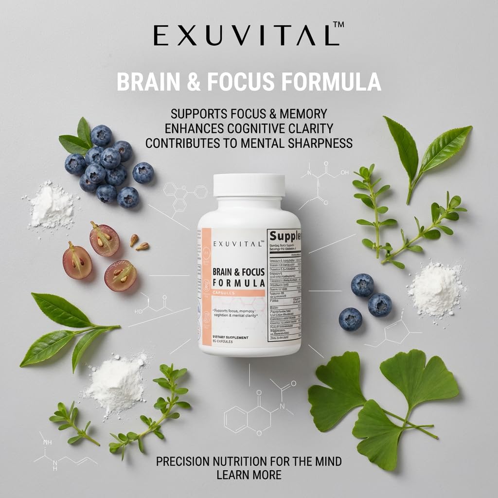 EXUVITAL Brain & Focus Formula, Veggie Capsules, 60 Count, Nootropic Supplement with Vitamins, Minerals and Proprietary Blend for Clarity, Memory, Cognition and Mental Focus EXUVITALAu supplements