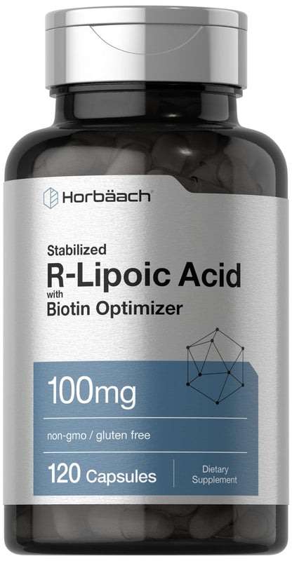 R-Lipoic Acid 100 mg | 120 Capsules | with Biotin Optimizer | Non-GMO, Gluten Free HorbäachUS supplements