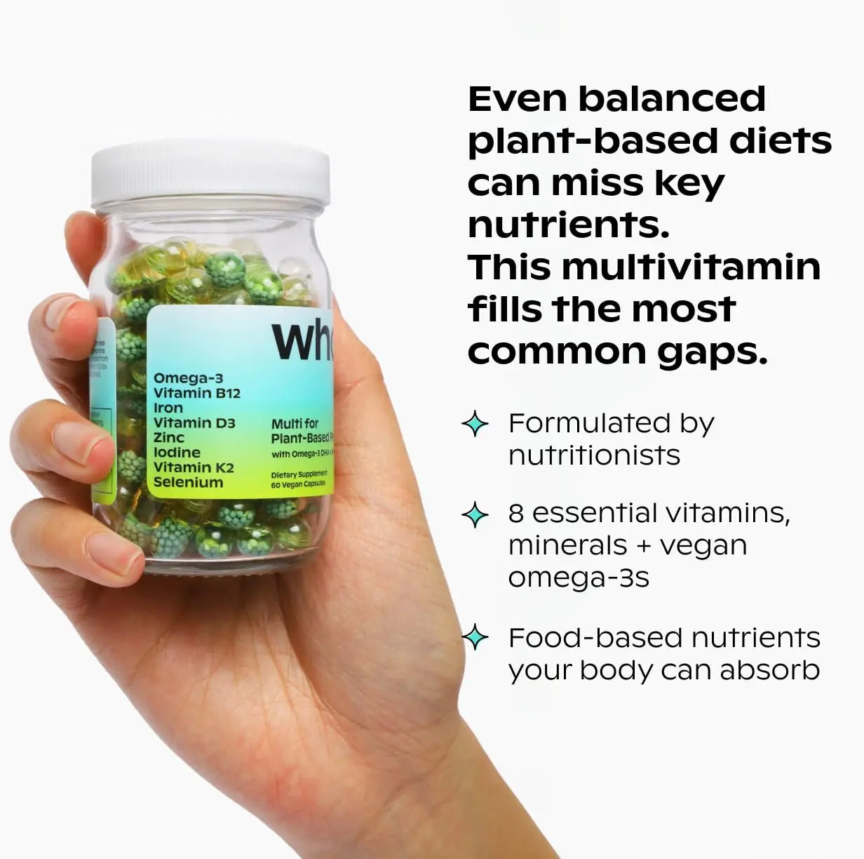 wholier Plant Based Multivitamin Vegan Omega-3 DHA EPA, Vitamin D, B12, Zinc, Vitamin K2, Iron, Iodine, Selenium wholierAu supplements