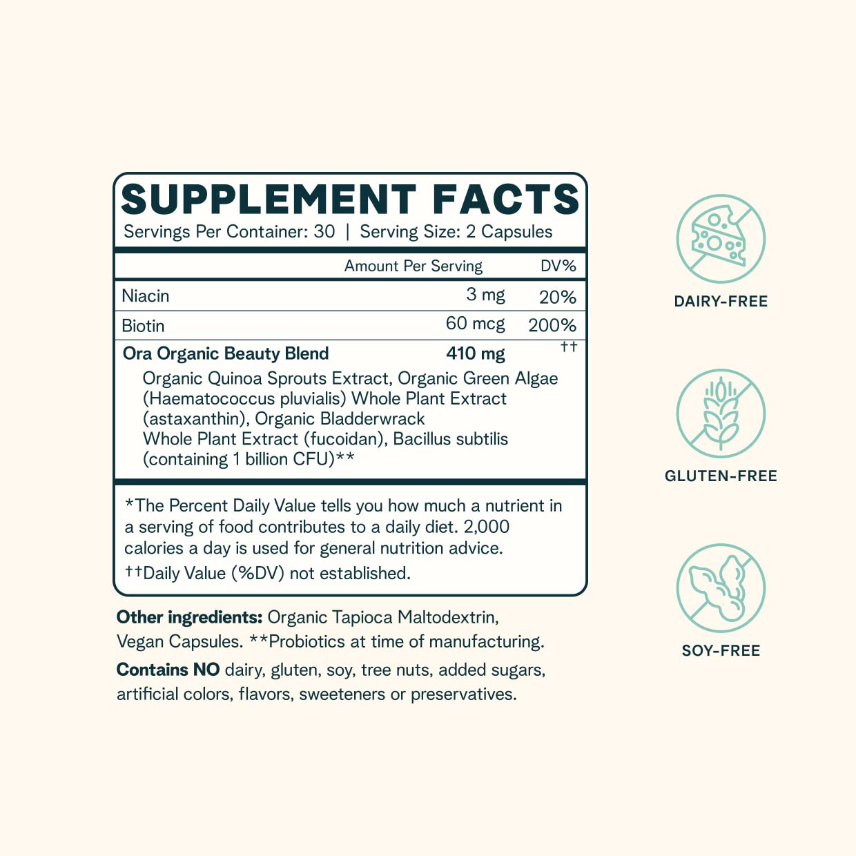 Ora Organic Hair, Skin, and Nails Support- BeYouTiful - Beauty Supplement with B Vitamins and Algae Extracts for Healthy Hair and Skin - 60 Vegan Capsules Ora OrganicUS supplements