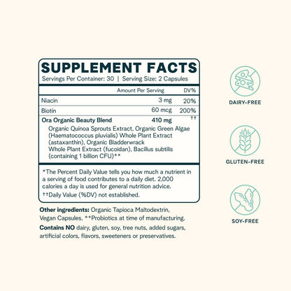Ora Organic Hair, Skin, and Nails Support- BeYouTiful - Beauty Supplement with B Vitamins and Algae Extracts for Healthy Hair and Skin - 60 Vegan Capsules Ora OrganicUS supplements