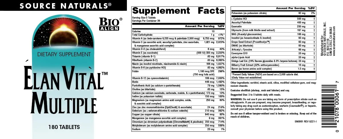 Source Naturals Elan Vital Multiple - Supports Brain, Heart, Liver, Immune, Energy Boost - 180 Tablets Source NaturalsAu supplements