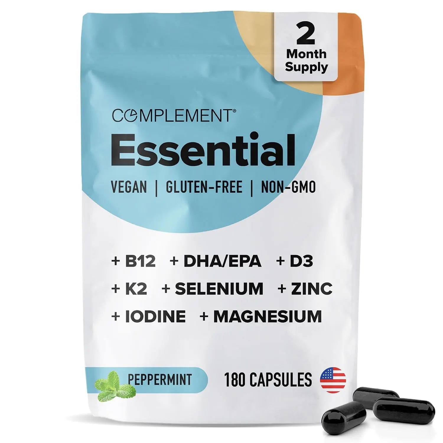 Complement Essential Vegan Multivitamin for Men & Women (60 Servings, 180 Capsules) with Omega-3 DHA & EPA, B12, Vitamin D3 & K2 ComplementAu supplements