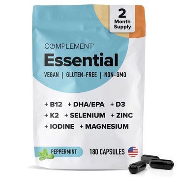 Complement Essential Vegan Multivitamin for Men & Women (60 Servings, 180 Capsules) with Omega-3 DHA & EPA, B12, Vitamin D3 & K2 ComplementAu supplements