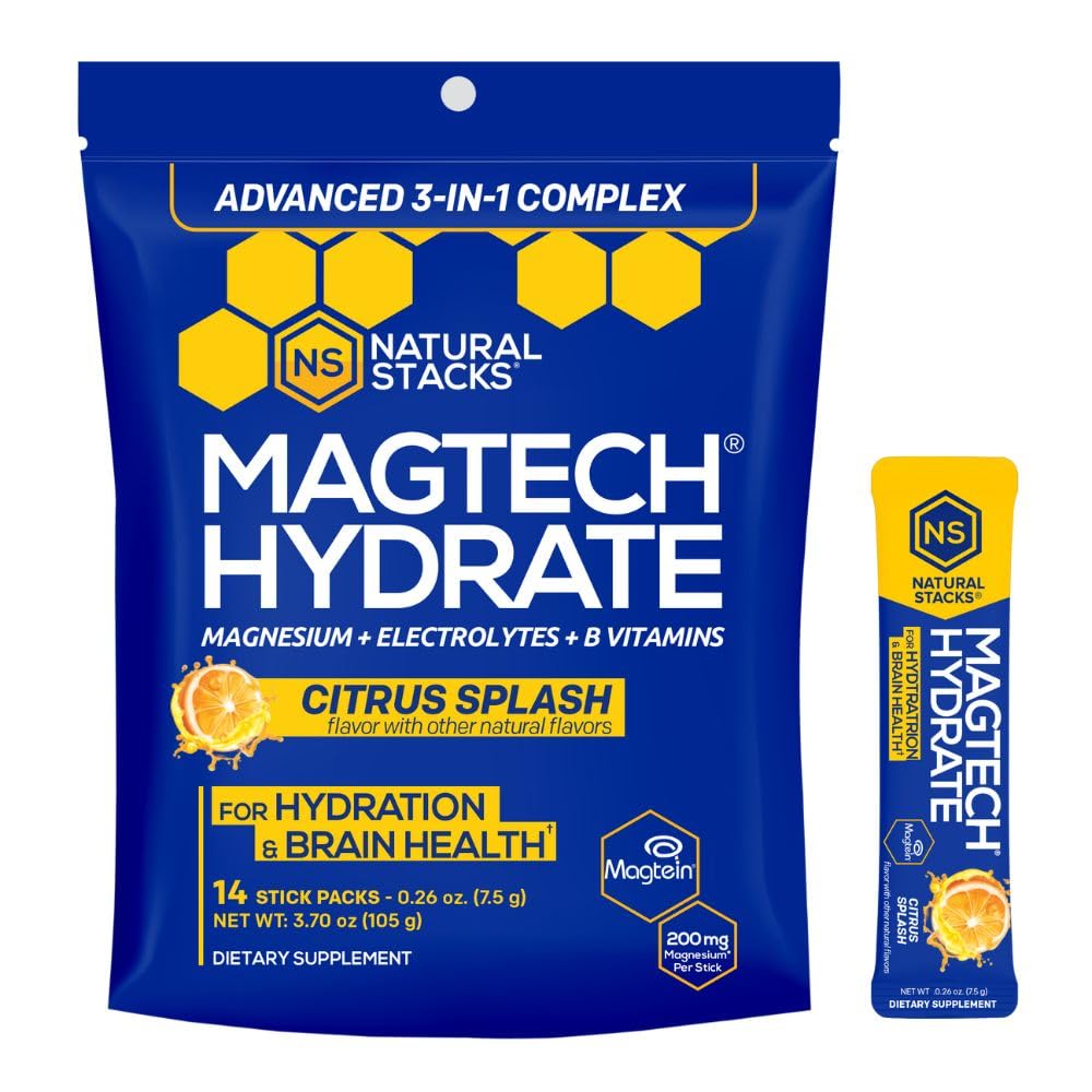 MagTech Magnesium Hydrate Packets - Sugar Free Hydration Powder - Magtein Magnesium L-Threonate, Glycinate & Taurate - 200mg Chelated Triple Complex - Supports Hydration & Brain Health* - 14 Servings NATURAL STACKSAu supplements