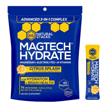 MagTech Magnesium Hydrate Packets - Sugar Free Hydration Powder - Magtein Magnesium L-Threonate, Glycinate & Taurate - 200mg Chelated Triple Complex - Supports Hydration & Brain Health* - 14 Servings NATURAL STACKSAu supplements