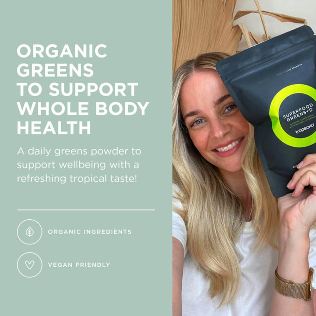 Tropeaka Superfood Greens + D - Antioxidant Green Powder for Energy, Immune System, & Gut Health, Rich in Chlorophyll & Essential Nutrients, Vitamin D, Vegan, Gluten Free, Non-GMO - 7oz (20 Servings) TropeakaAu supplements
