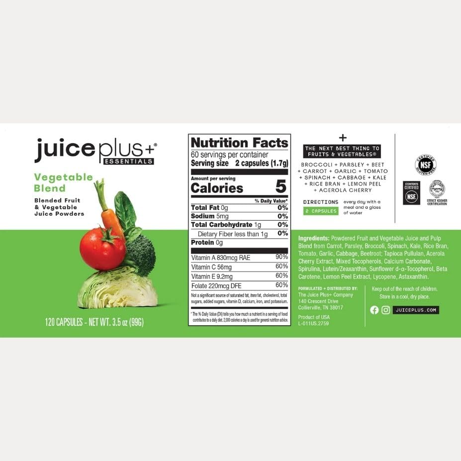 Juice Plus+ Vegetable Blend: with Broccoli, Parsley, Tomato & More - Plant-Based, Vegan, Gluten-Free, Non-GMO, Kosher - for Heart, Immune, Cognitive & Skin Health - 1 Bottle (60 Servings) Juice Plus+Au supplements