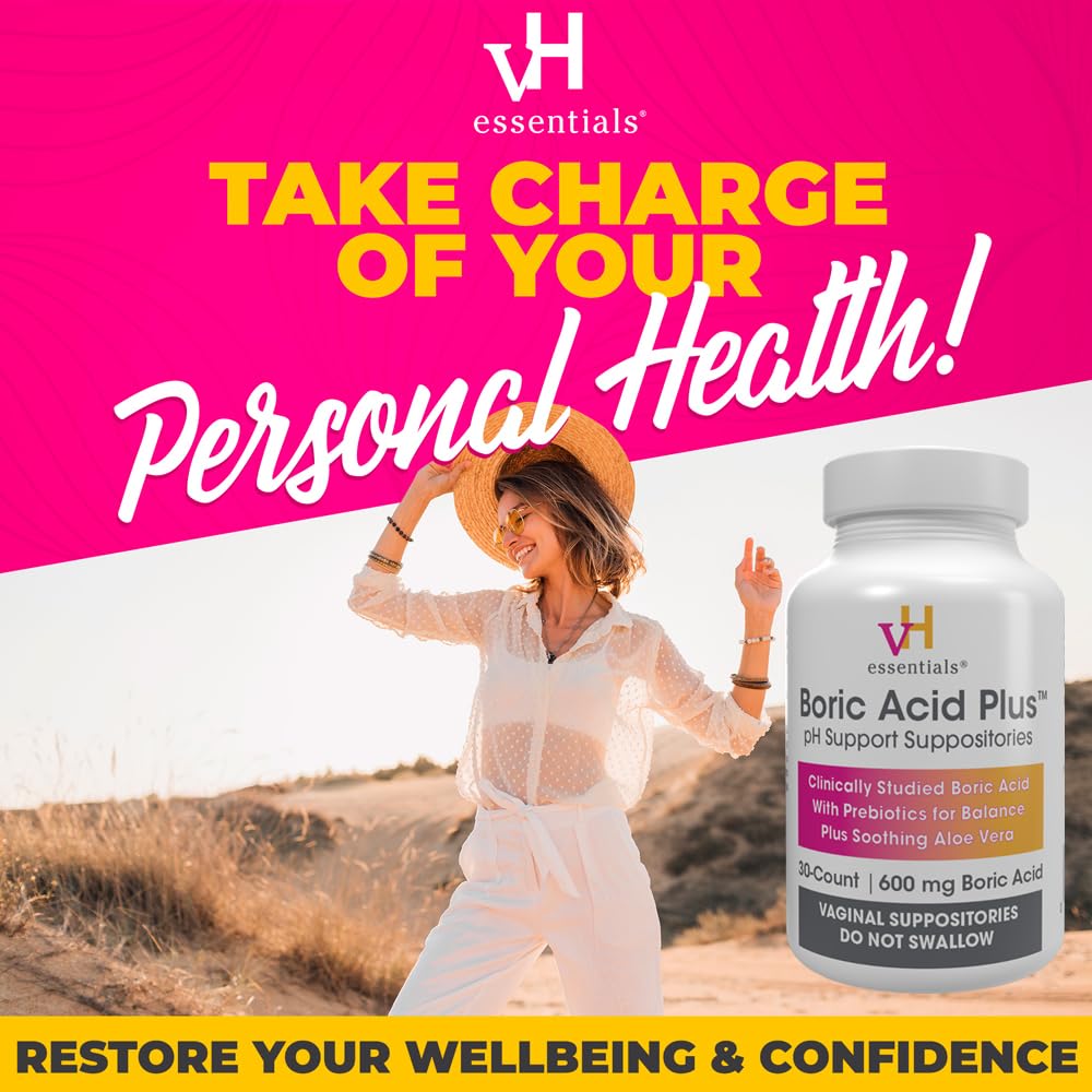 vH Essentials Boric Acid Plus Vaginal Suppositories, Prebiotic Infused with Soothing Aloe Vera, pH Support Formula Fights Odor and Promotes Freshness, 600mg Boric Acid, 30 Count vH essentialsUS supplements