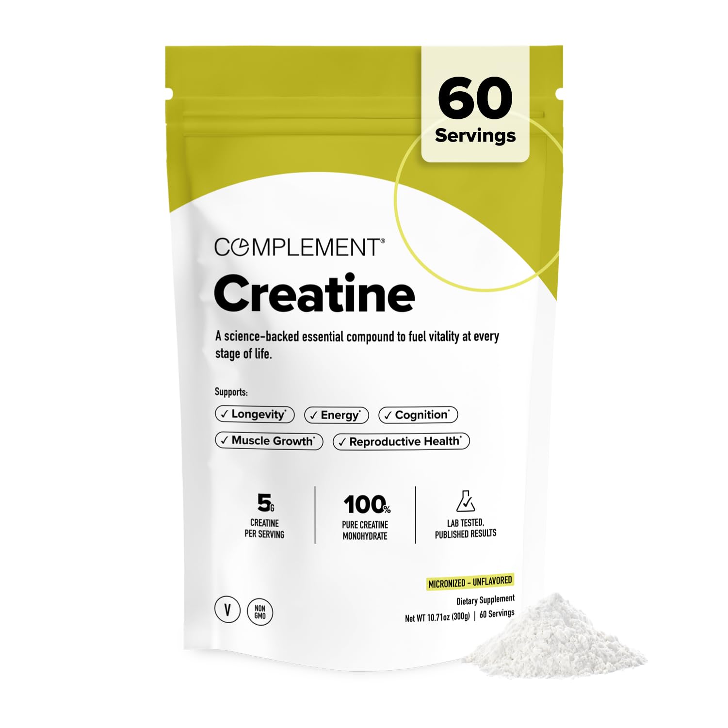 Complement Creatine Monohydrate Micronized Powder for Women and Men (5g, 60 Servings) Pre Workout, Post Workout, Muscle Recovery, Brain Health, Longevity- Vegan, Unflavored ComplementAu supplements