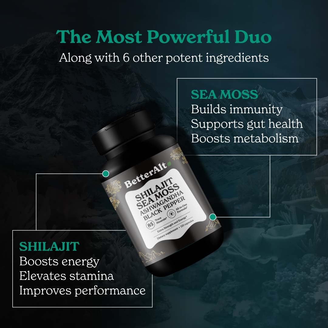 Better Alt Shilajit Sea Moss Capsules Pack of 2 with Ashwagandha & Black Pepper Extract with 85+ Essential Minerals & Antioxidants| Boosts Energy & Metabolism - 120 Servings, 240 Capsules Better AltAu supplements