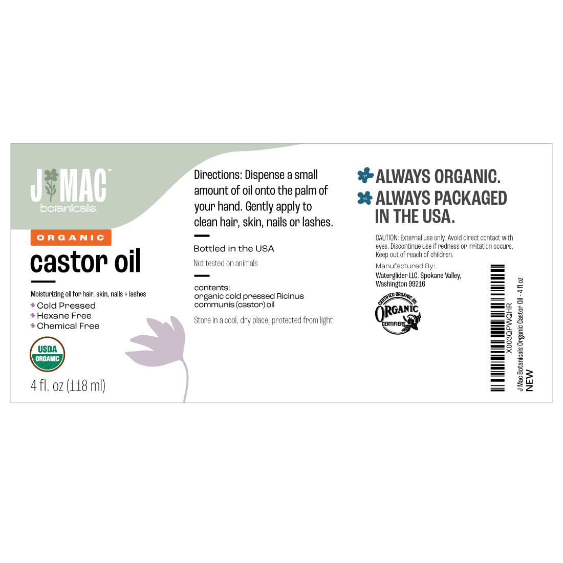 J MAC BOTANICALS Organic Castor Oil Cold Pressed (Glass Bottle, 4 oz ) J MAC BOTANICALSAu supplements