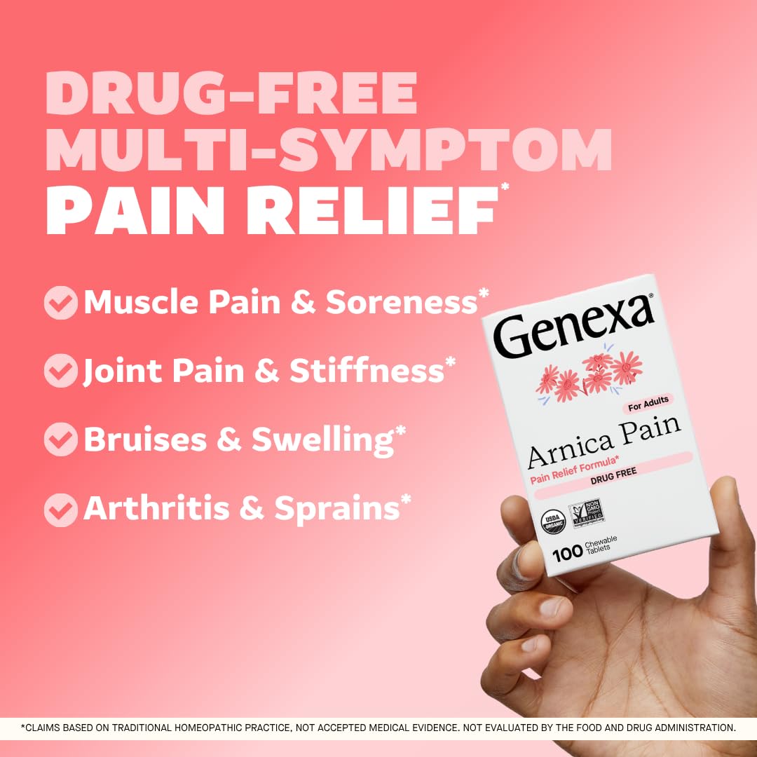Genexa Arnica for Pain Relief | Alleviate Muscle & Joint Pain, Soreness & Stiffness | Reduces Bruises & Swelling | Organic Grape Flavor | Homeopathic Remedy Made Clean | 100 Chewable Tablets GenexaAu supplements