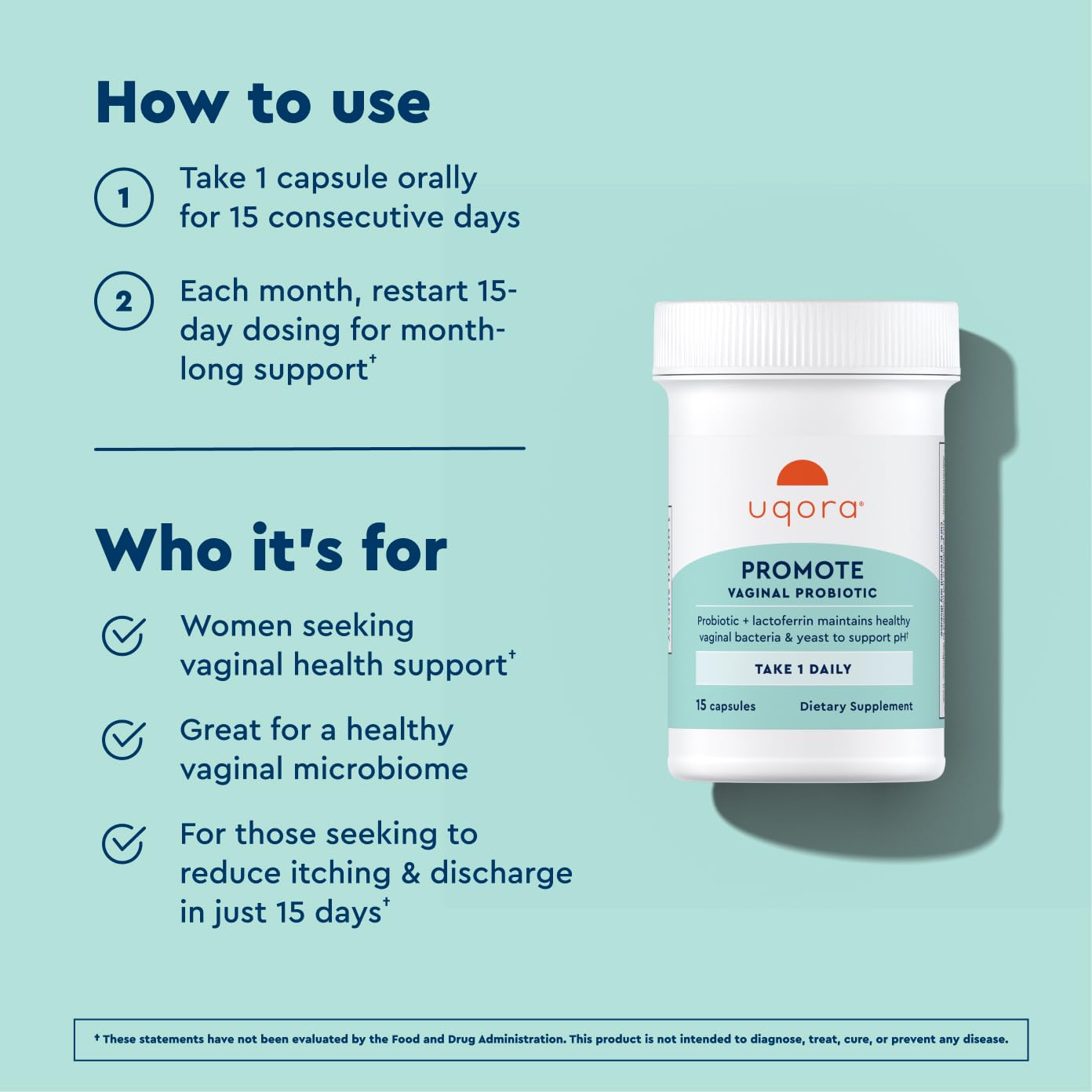 Uqora Promote - Support Vaginal Health* - Probiotic for Women with Lactoferrin, Lactobacillus Acidophilus & Lacticaseibacillus Rhamnosus - Vaginal Probiotics - Gluten-Free - 15 Capsules UqoraAu supplements