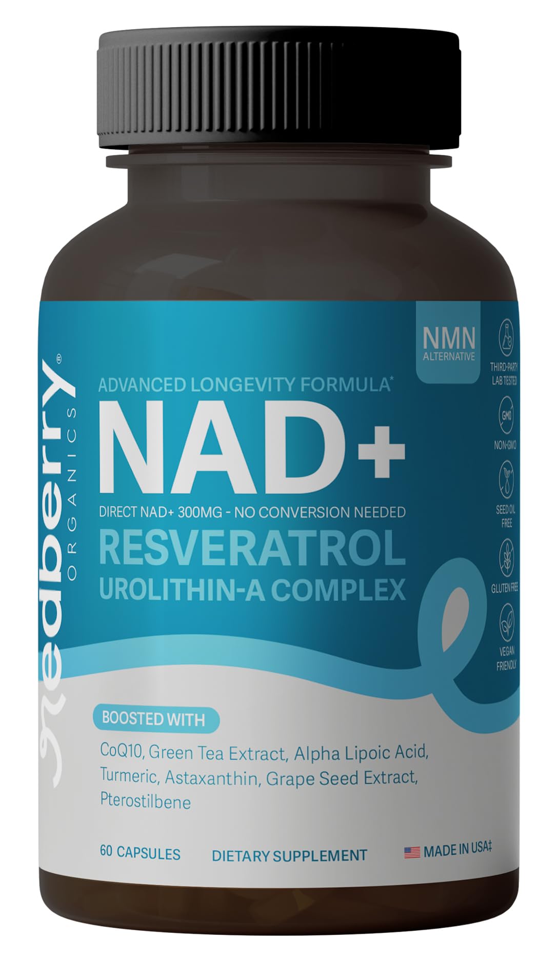 NAD Supplement with Direct NAD+ 300mg (NAD Plus) | Advanced Longevity Complex with Urolithin A & Resveratrol | NMN Alternative | 60 Capsules | Non-GMO, Gluten Free | Made in USA Redberry OrganicsAu supplements