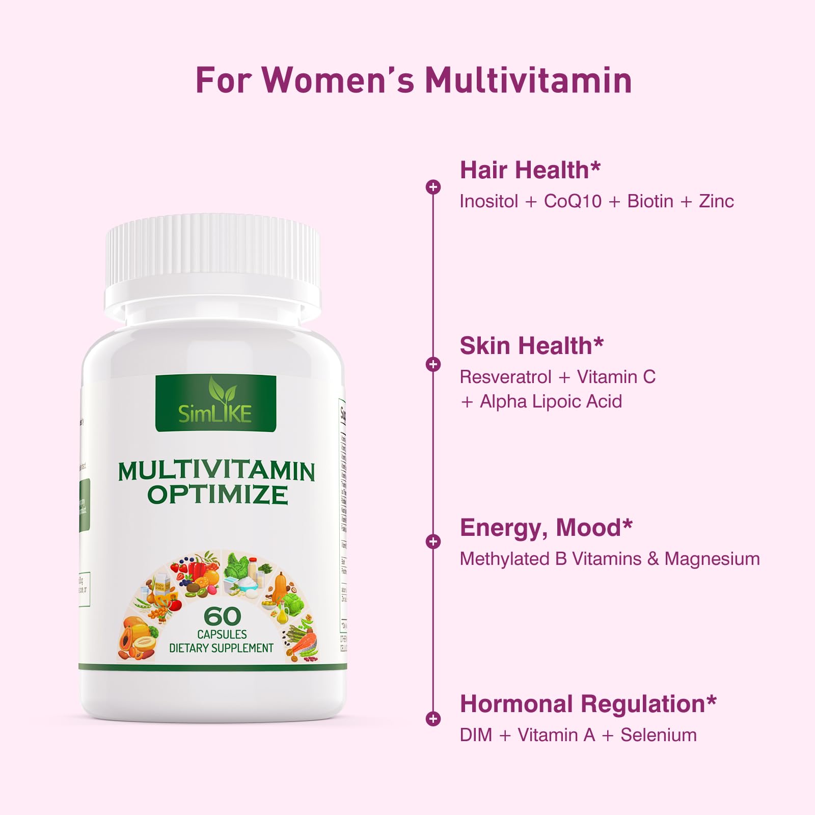 Methylated Multivitamin for Women, 30-in-1 Nutrients Formula with Inositol, CoQ10, Biotin, Zinc for Hair Health Support, Resveratrol, Vitamin C, Alpha Lipoic Acid for Skin Health Support, 60 Capsules SimlikeAu supplements