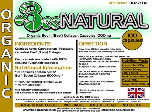 Beef Bovin 100 Hydrolyzed Collagen 1000mg Capsules Bee-naturalUS supplements