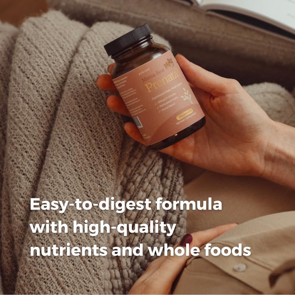 SPRIGS Mama Bear Prenatal Gold Multivitamin with Choline and Methylated Folate for Pregnancy Support Easy to Digest Prenatal Vitamins SPRIGSUS supplements
