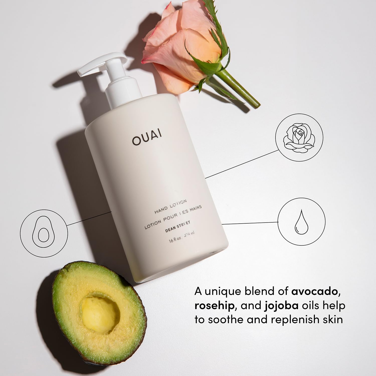 OUAI Hand Lotion - Daily, Lightweight, Hydrating Lotion for Dry Skin - Made with Avocado, Rosehip and Jojoba Oil to Lock in Moisture - Never Greasy (16 Fl Oz) OUAIAu supplements