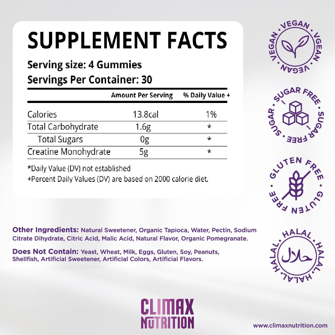 Creatine Monohydrate Gummies - Vegan, Sugar-Free, Gluten-Free - Boosts Muscle Recovery, Strength & Lean Muscle Growth - Brain Health Support - for Men & Women - Blueberry Flavor - 120 Gummies CLIMAX NUTRITIONAu supplements