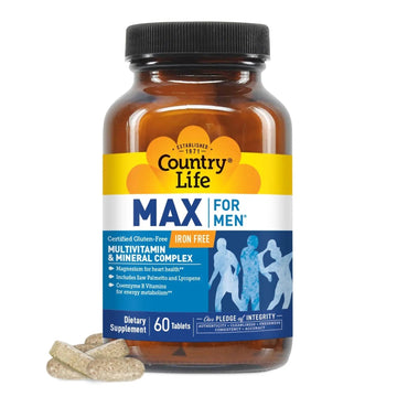 Country Life Max for Men, Multivitamin & Mineral complex, Iron-Free, Vegetarian Tablets, 60 Count, Certified Gluten Free, Certified Vegetarian Country LifeAu supplements