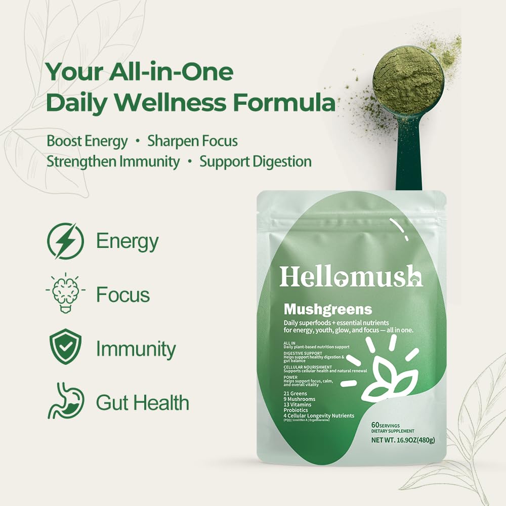 Hellomush Super Greens Powder Superfood, Daily Green Powder Supplement with Probiotics Drink Mix for Men & Women, Blend of Greens, Mushrooms, Vitamins, Probiotics and Cellular Nutrients HellomushAu supplements