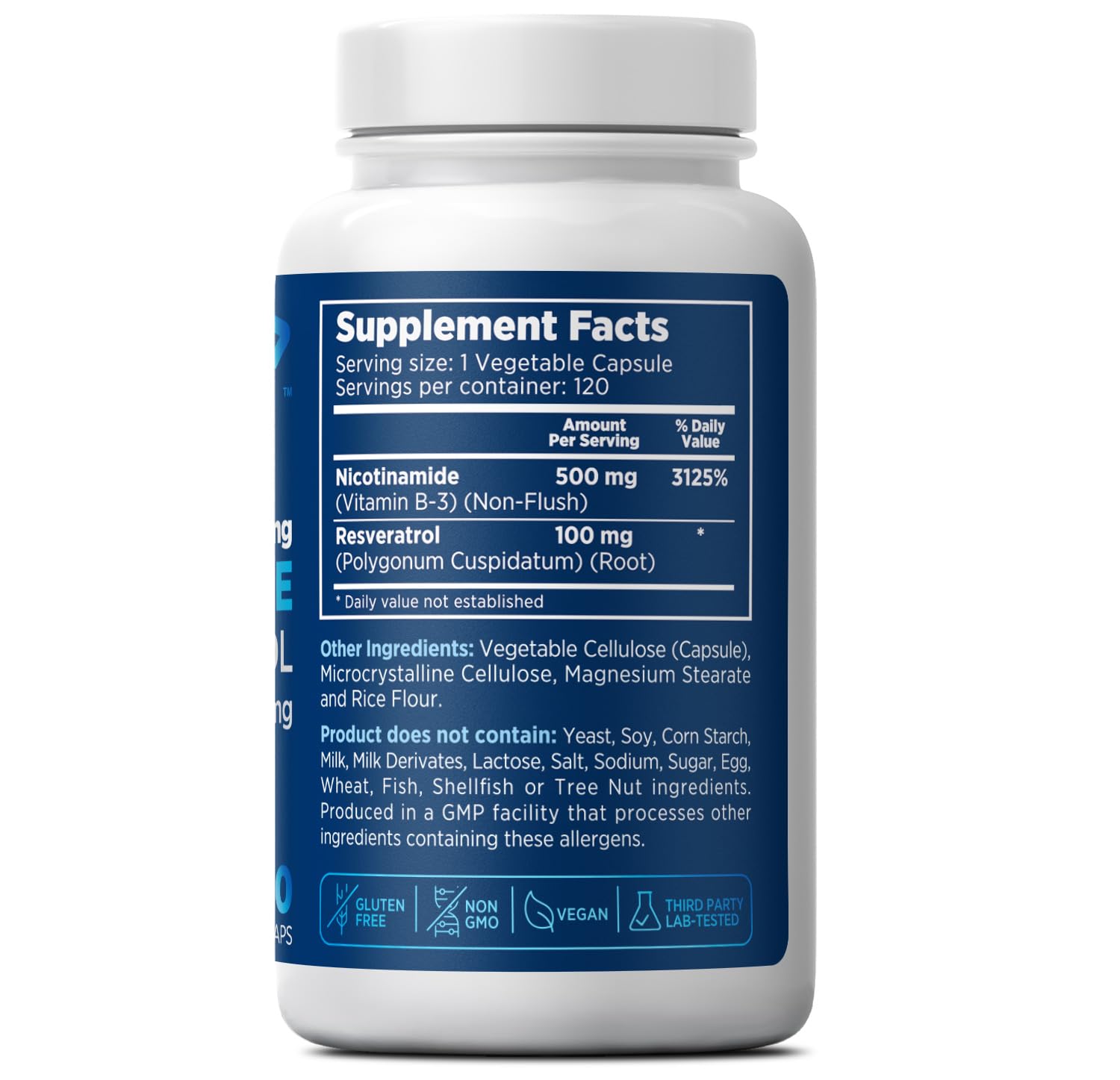 Nicotinamide 500 mg with Resveratrol 100 mg 120 Veggie Capsules - Non-GMO Vitamin B3, Supports Metabolic Health, NAD+, Skin Cell & Mitochondrial Energy Production. Made in USA for Men and Women Prime FormulasAu supplements