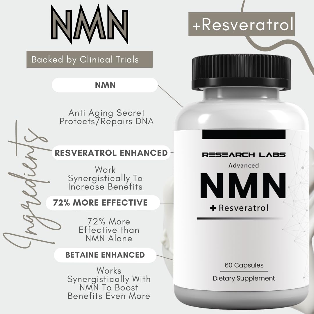 Research Labs Advanced NMN Resveratrol & Betaine (TMG) Longevity Formula – NAD Cellular Energy, Healthy Aging, Metabolic Support – Advanced Science Supplement – Made in USA NAD Supplement Booster Research LabsAu supplements