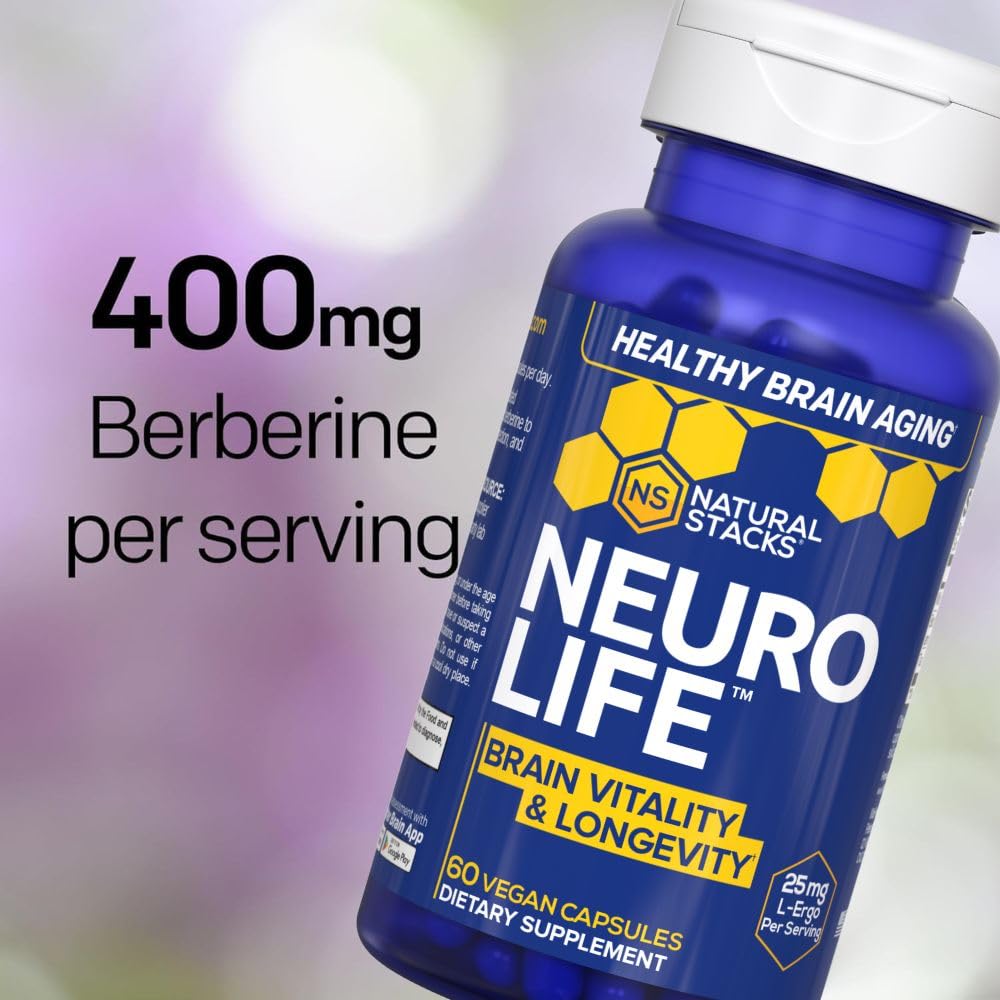 NeuroLife Longevity Supplement - 500mg Taurine & 400mg Berberine Supplement - Clinically Tested MitoPrime L-Ergothioneine - Brain Support for Cognitive Vitality - 60 Berberine Capsules NATURAL STACKSAu supplements