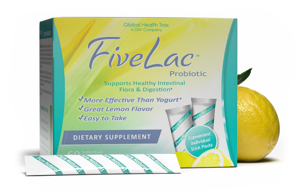 Global Health Trax GHT - FiveLac Lemon Probiotic Powder Drink Mix, Probiotics for Women, Men, Kids - Smooth Digestive Support & Elimination – Relieve Constipation & Gas - 60 Packets, 3.18 Oz, Non-GMO ght Global Health TraxAu supplements