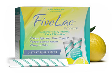 Global Health Trax GHT - FiveLac Lemon Probiotic Powder Drink Mix, Probiotics for Women, Men, Kids - Smooth Digestive Support & Elimination – Relieve Constipation & Gas - 60 Packets, 3.18 Oz, Non-GMO ght Global Health TraxAu supplements
