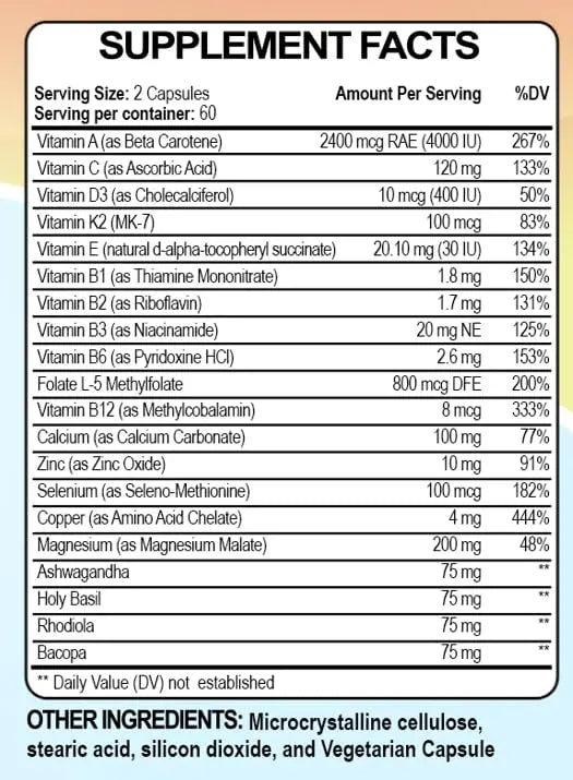 Raise Them Well Mom Multi+ Daily Multivitamin for Women with Active Folate, Adaptogens & Bacopa, Energy, Stress & Cognitive Support, 120 Veggie Capsules Raise Them WellAu supplements