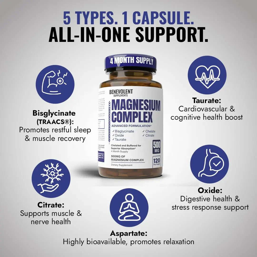 Magnesium Complex Supplement, 4 Month Supply of 500mg 5-in-1 Bisglycinate, Oxide, Taurate, Aspartate, Citrate, Max Absorption Magnesium Supplement for Calm, Sleep & Leg Cramps, 120 Capsule Benevolent Nourishmentnz supplements