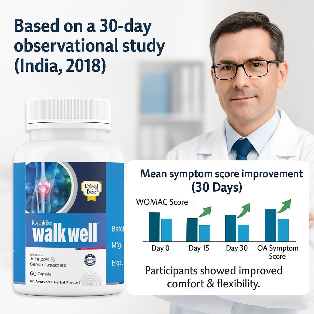 Royal Bee Walkwell Capsules – 60 Capsules – Supports Joint Pain & Inflammation Relief · Useful in Osteoarthritis · Promotes Flexibility & Mobility · Clinically Studied Herbal Ingredients GenericAu supplements